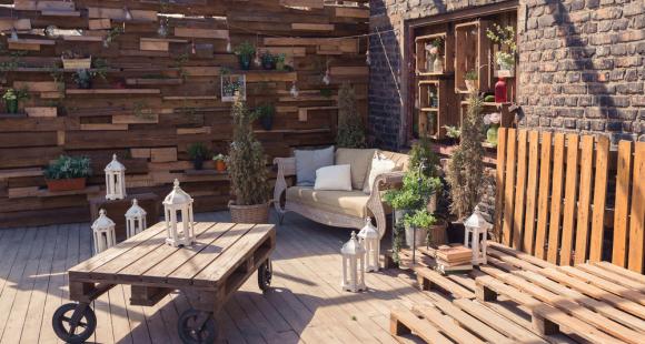 Outdoor landscaping with wooden pallets